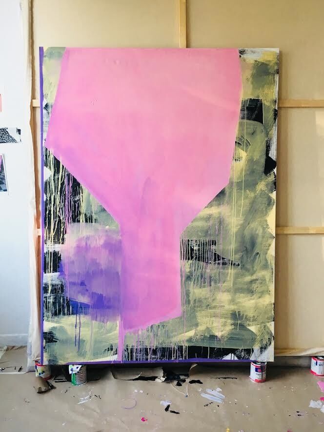 Untitled (pink), 200x150cm, ink,lacquer and spray paint on canvas, 2018